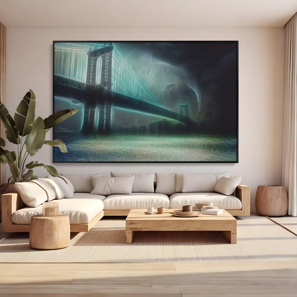 Tablou canvas cu tablou canvas cu pod suspendat pe furtuna, in rama de aluminiu negru, pe perete intr-un living